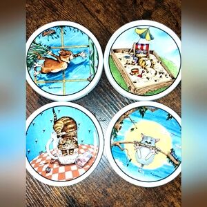 Gary Patterson Artisan Design Cat Coasters Clay Ceramic Design Set Of 4 "Cats"